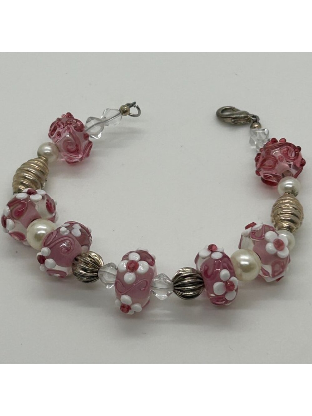 Floral Lampwork Bracelet Glass Bead Bracelet Pink White Pearl Crystal Artisan